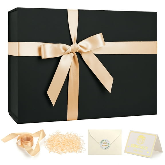 Ayieyill Black Gift Box with Ribbon, Christmas Present boxes with Magnetic Lids, Mother's Day Gift Wrap Boxes for Wedding (9.2*6.7*2.75 inches)