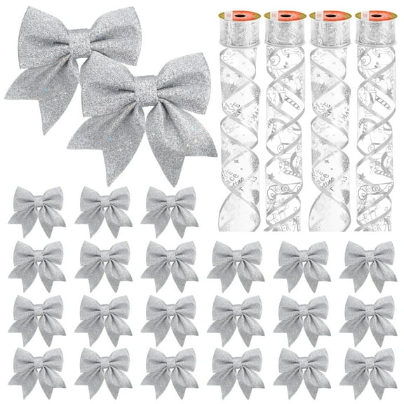 Ayieyill Christmas Bows Tree Decorations, Silver Bows for Christmas Tree, 27Pcs