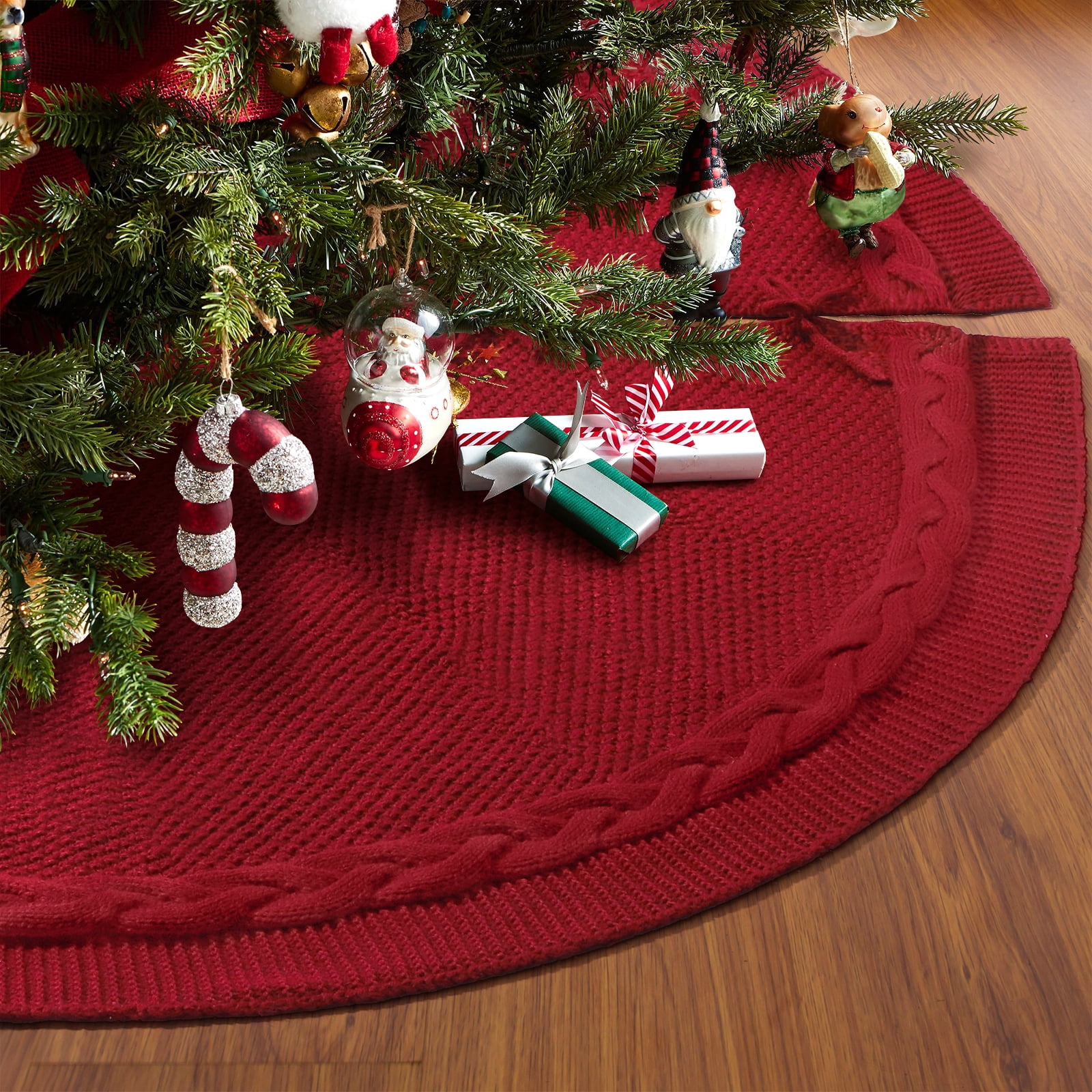 Burgundy Cable Knit 48-Inch Rustic Christmas Tree Skirt