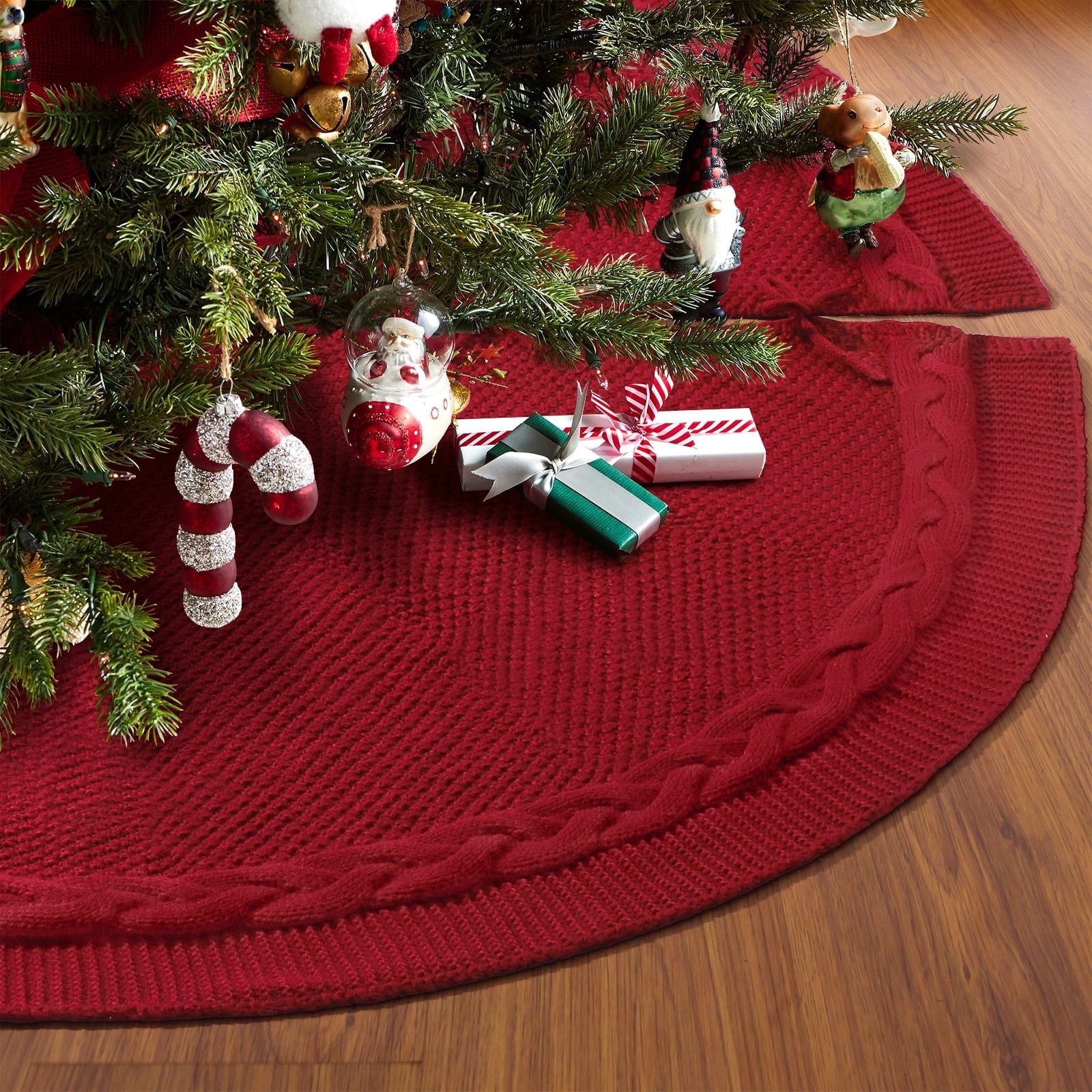 Burgundy Cable Knit 48-Inch Rustic Christmas Tree Skirt