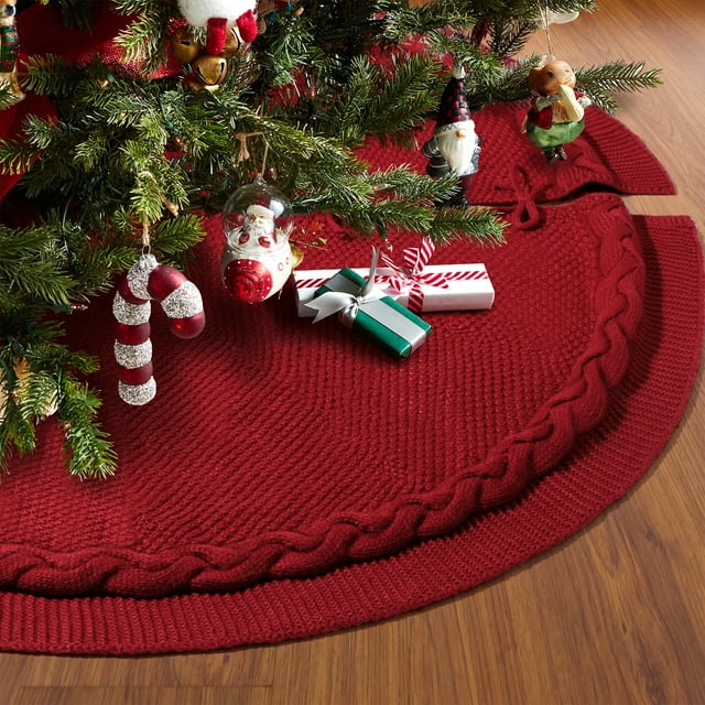 Ayieyill Christmas Tree Skirt, 48 inches Cable Knit Knitted Thick