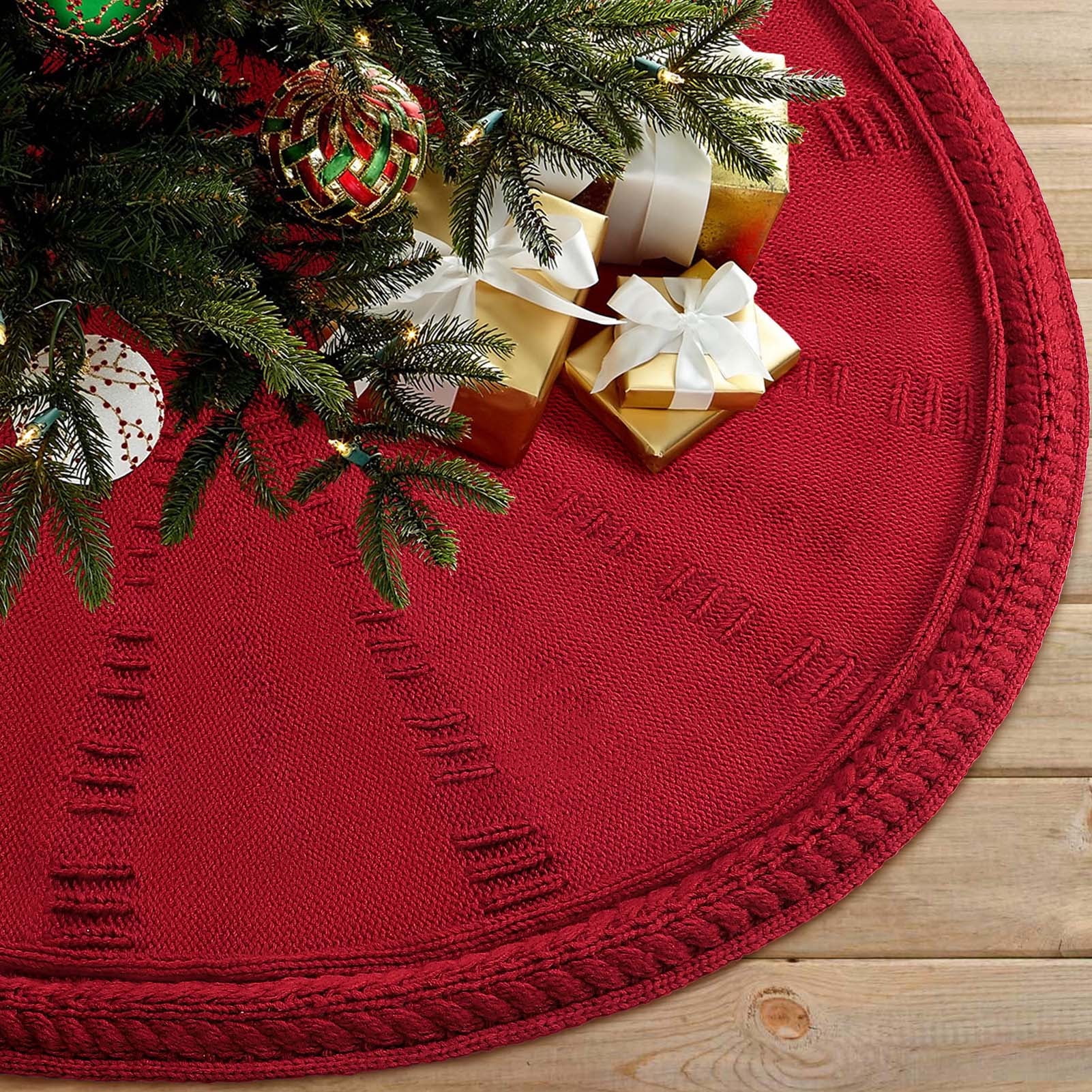 Burgundy Cable Knit 48-Inch Rustic Christmas Tree Skirt