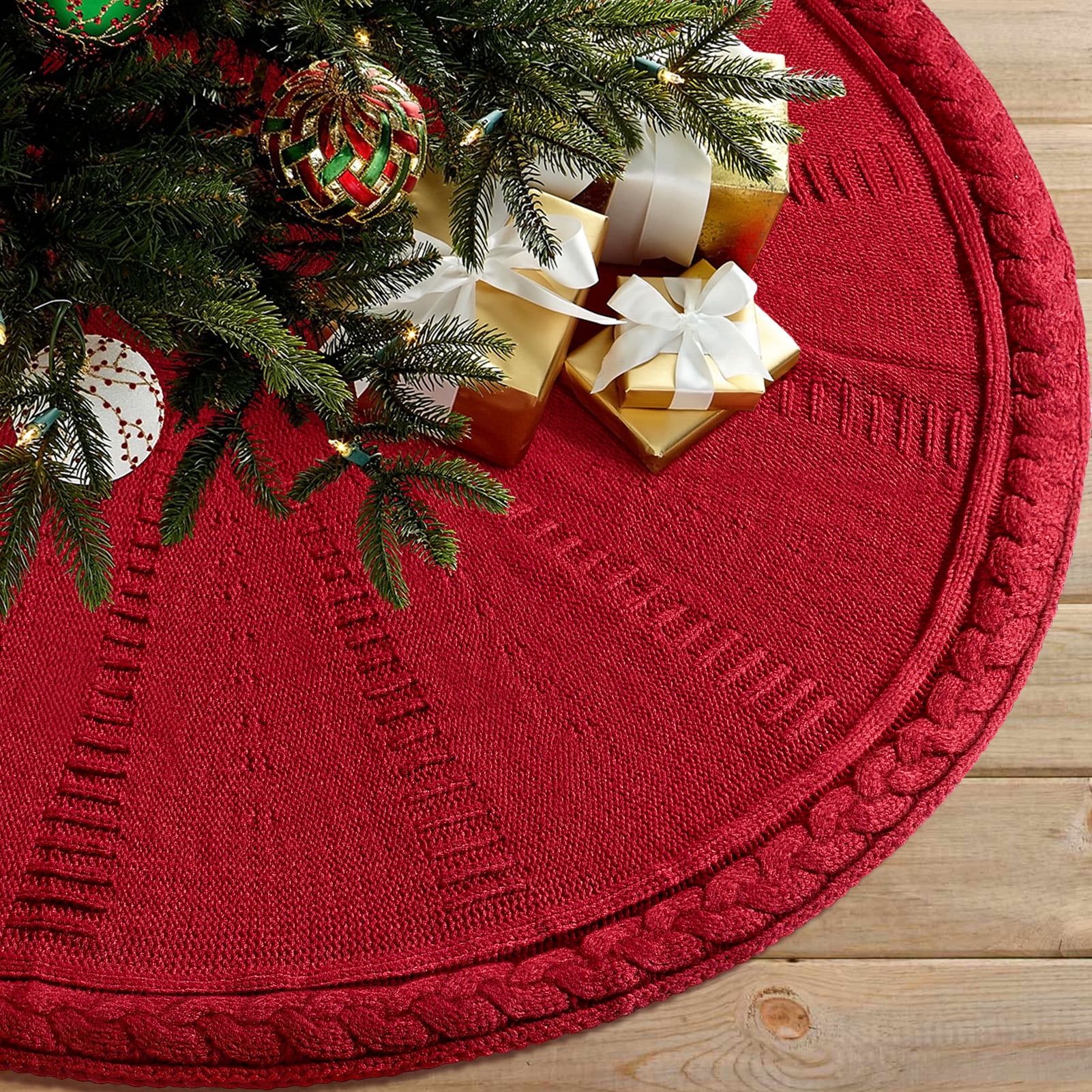 Ayieyill Christmas Tree Skirt, 48 Inches Red Tree Skirt Luxury Cable ...