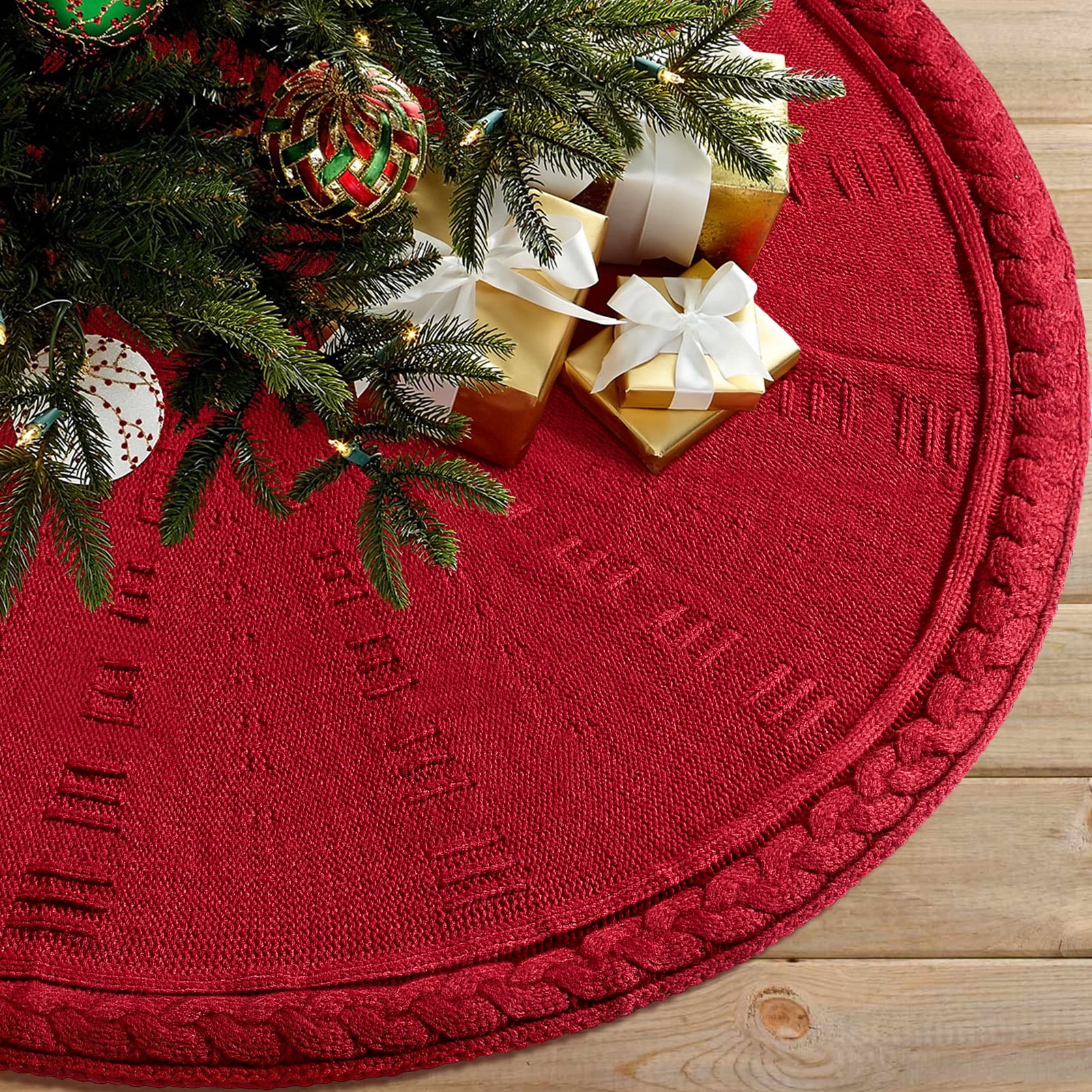 Burgundy Cable Knit 48-Inch Rustic Christmas Tree Skirt