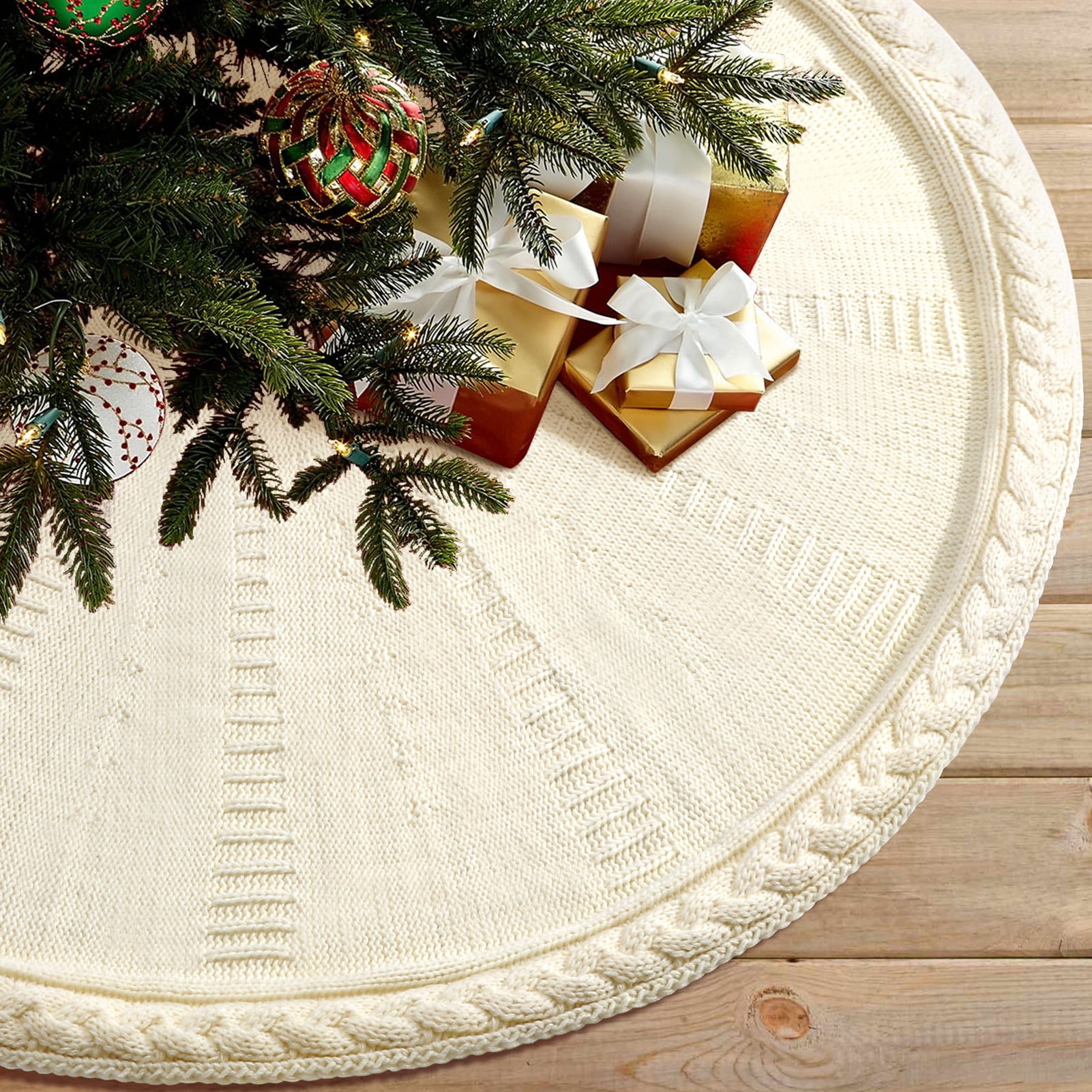 Ayieyill Christmas Tree Skirt, 48 inches White Tree Skirt Luxury Cable ...