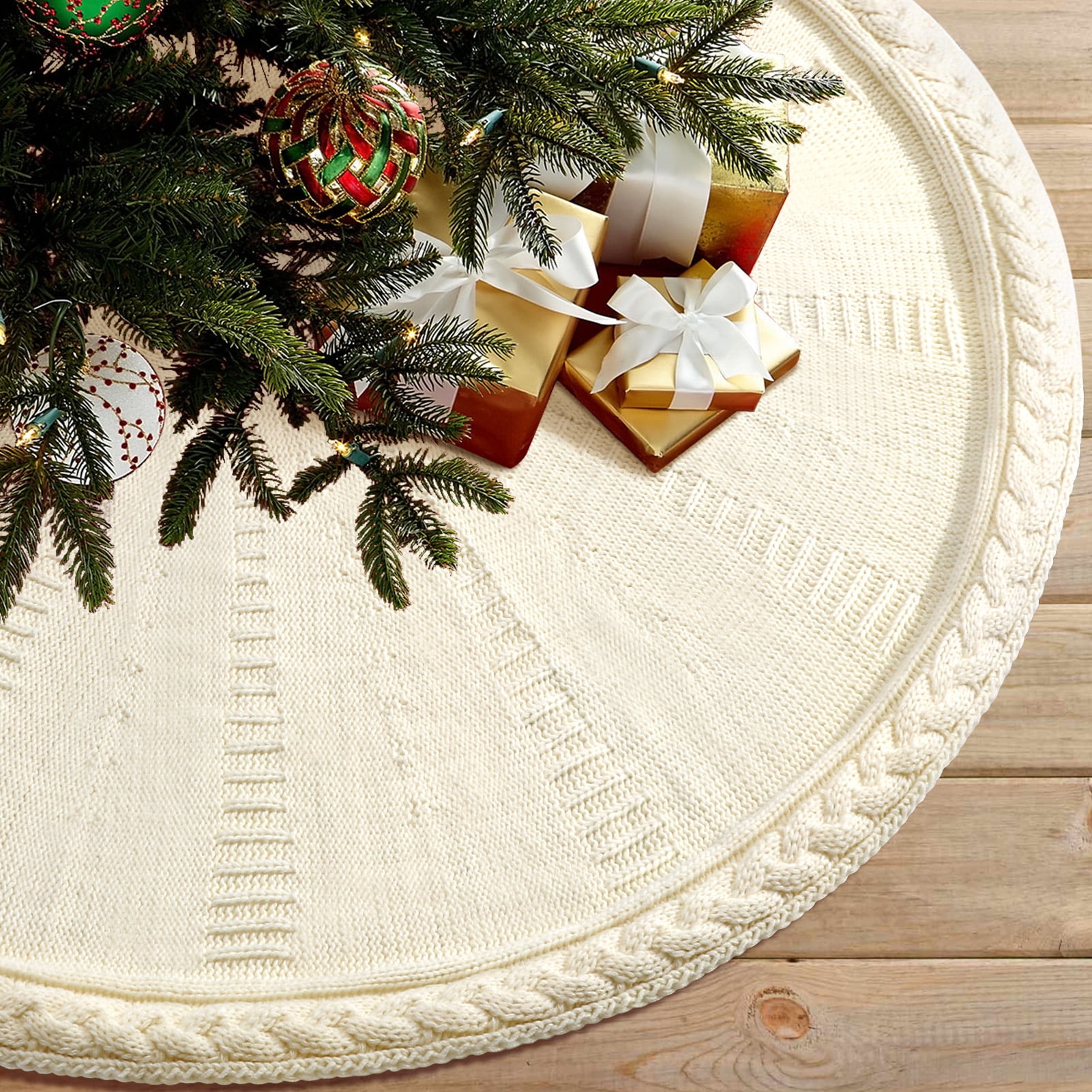 Ayieyill Christmas Tree Skirt, 48 inches White Tree Skirt Luxury Cable