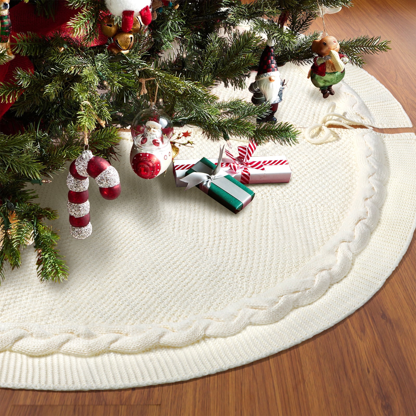 Ayieyill Christmas Tree Skirt, 48 inches White Tree Skirt Luxury Cable