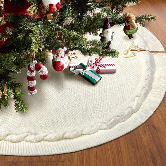 Ayieyill Christmas Tree Skirt Knitted Comfortable, 48 in, White Tree Skirt, Yarn Cream