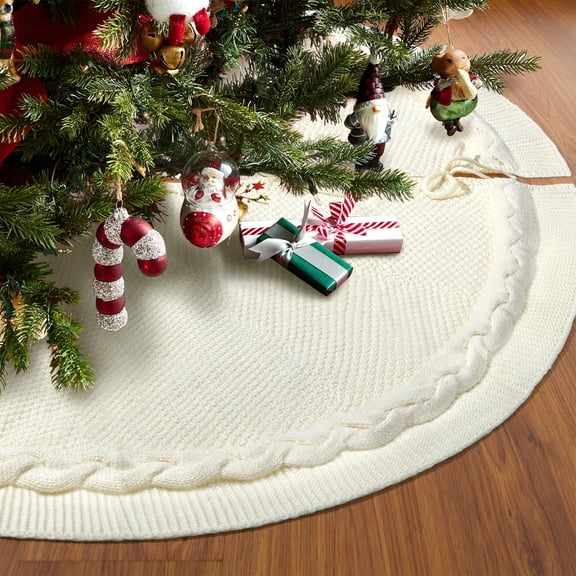 Ayieyill Christmas Tree Skirt Knitted Comfortable, 48 in, White Tree Skirt, Yarn Cream
