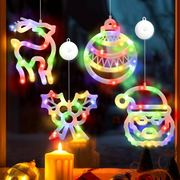 Ayieyill Christmas Window Decorations Lighted Indoor, Christmas Window Clings with Suction Cup | 4 Pcs