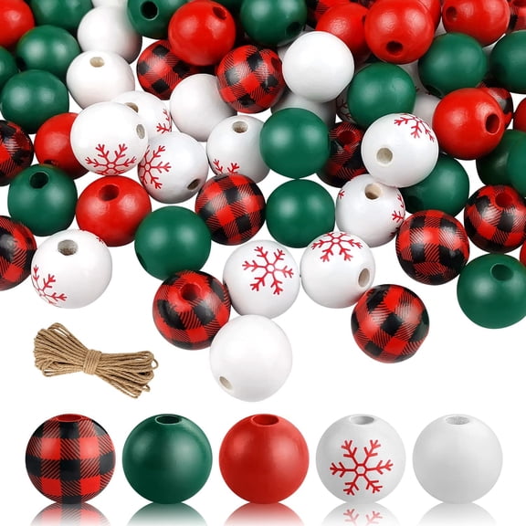 Ayieyill Christmas Wooden Beads 210 Pcs, Red Green Buffalo Plaid and White Natural Polished Design with Hemp Rope for Party Holiday DIY Craft, Garland and Jewelry Making,16 mm