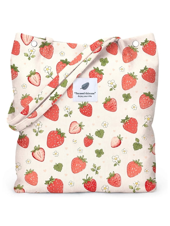 Corduroy Bag,Big Tote Bag for Women, Shoulder Cord Purse with Inner Pocket(Watercolor Strawberry)