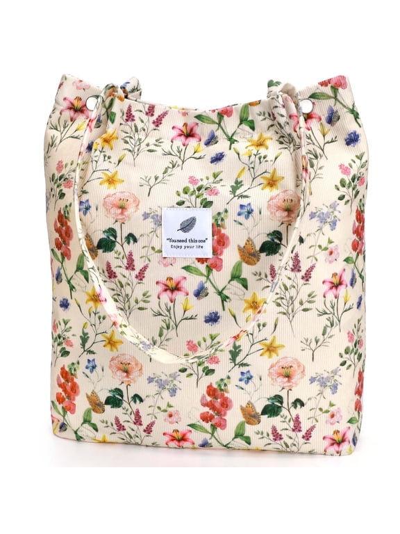 Corduroy Tote Bag Large for Women Girl Lady Canvas Shoulder Cord Purse and Handbags with Inner Pocket (Retro Flower)