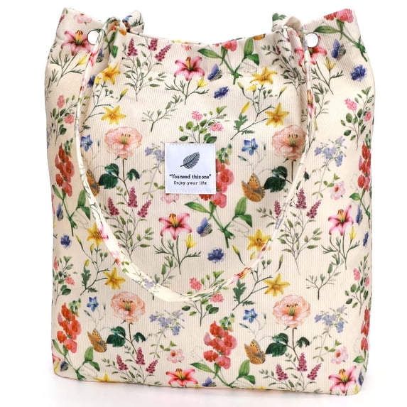 Ayieyill Corduroy Tote Bag Large for Women Girl Lady Canvas Shoulder Cord Purse and Handbags with Inner Pocket (Retro Flower)