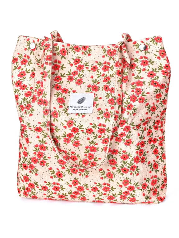 Corduroy Tote Bag with Inner Pocket, Large Canvas Shoulder Bag for Women and Girls