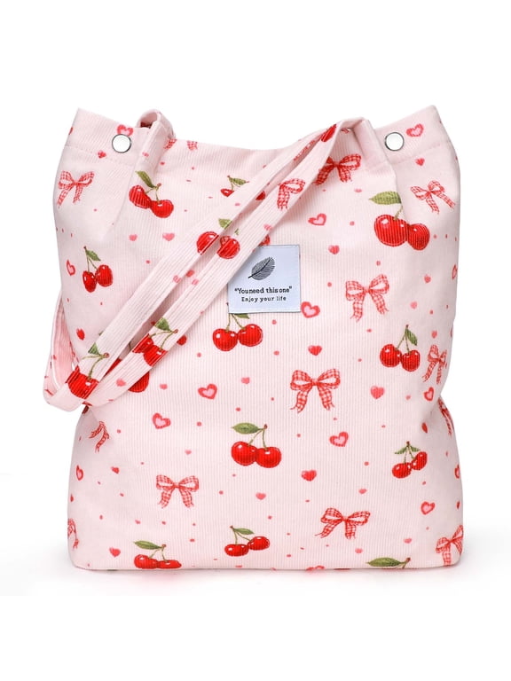 Corduroy Tote Bag for Women Girl Canvas Shoulder Cord Purse with Inner Pocket (Cherry Bow)