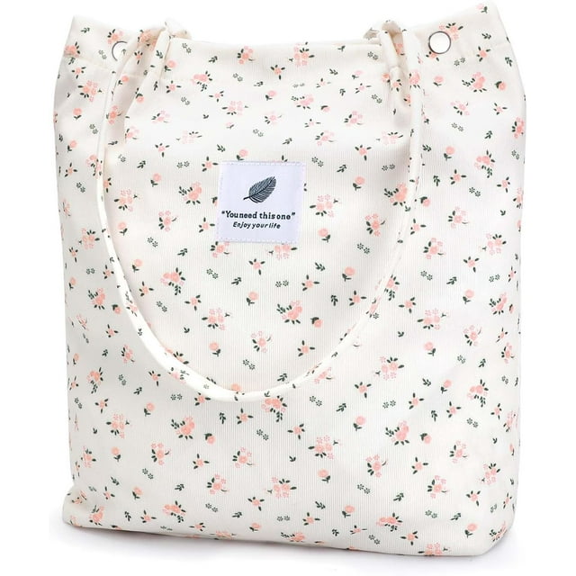 Ayieyill Corduroy Tote Bag for Women Girl Canvas Shoulder Cord Purse with Inner Pocket (Floral)