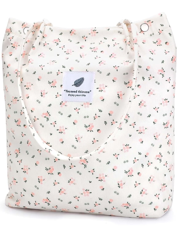 Corduroy Tote Bag for Women Girl Canvas Shoulder Cord Purse with Inner Pocket (Floral)
