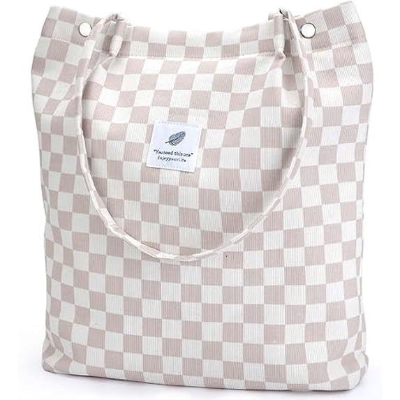 Ayieyill Corduroy Tote Bag for Women Girl Canvas Shoulder Cord Purse with Inner Pocket (Grid)