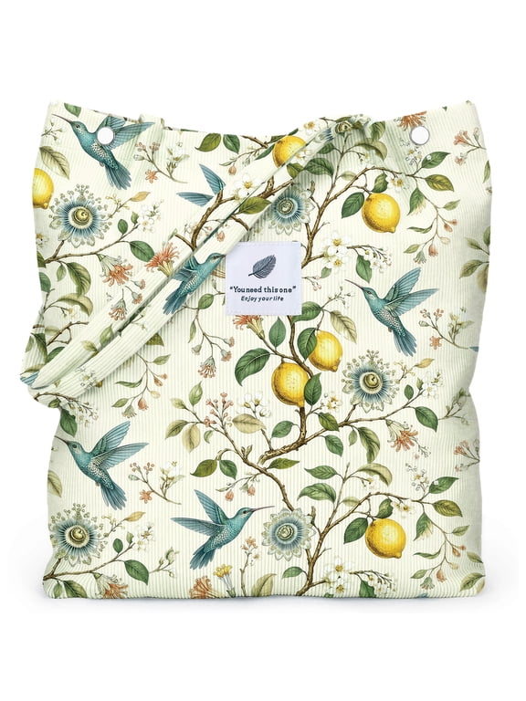 Corduroy Tote Bag for Women Girl Canvas Shoulder Cord Purse with Inner Pocket (Lemon Hummingbird)