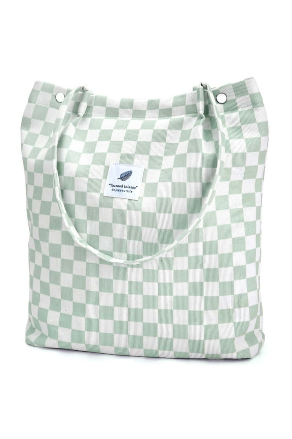 Corduroy Tote Bag for Women Girl Canvas Shoulder Cord Purse with Inner Pocket (Mint Green Grid)