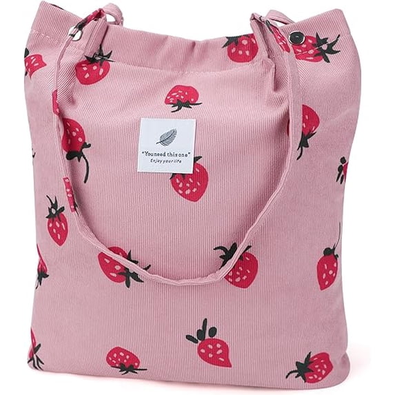 Ayieyill Corduroy Tote Bag for Women Girl Canvas Shoulder Cord Purse with Inner Pocket (Pink Strawberry)