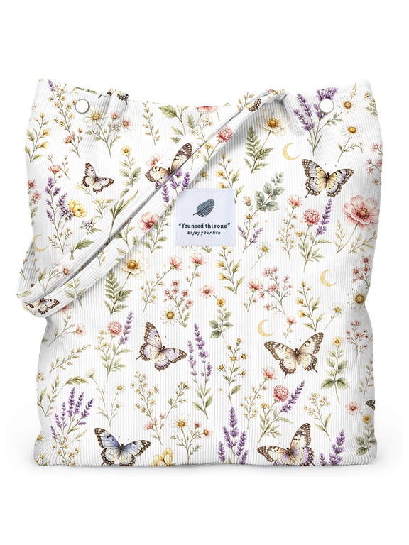 Corduroy Tote Bag for Women Girl Canvas Shoulder Cord Purse with Inner Pocket (White Floral Butterfly)
