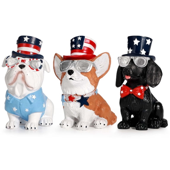 Ayieyill 3pcs 4th of July Patriotic Dog Figurines, Fourth of July Independence Day Decorations, Memorial Day Decor, White