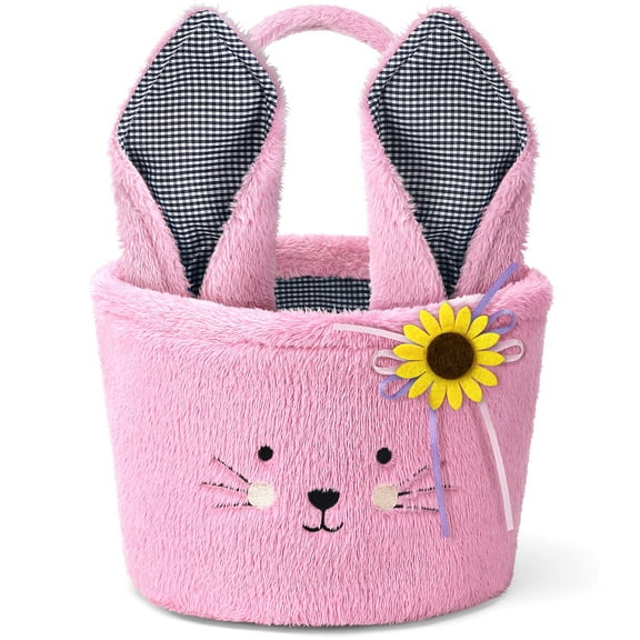 Ayieyill Easter Basket, Bunny Easter Baskets with Cute Rabbit Ears Stripe, Easter Gift Baskets (Plush-Pink)