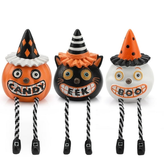 Ayieyill Vintage Halloween Decor Shelf Sitters, Pumpkin Ghost Cat with Dangling Legs for Halloween Decorations Indoor, Set of 3