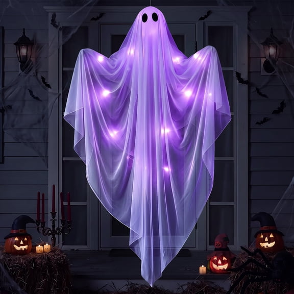 Ayieyill Halloween Ghost Decor with Warm Purple LED Light, 47” Light up Hanging Ghost Halloween Yard Porch Decorations Outdoor