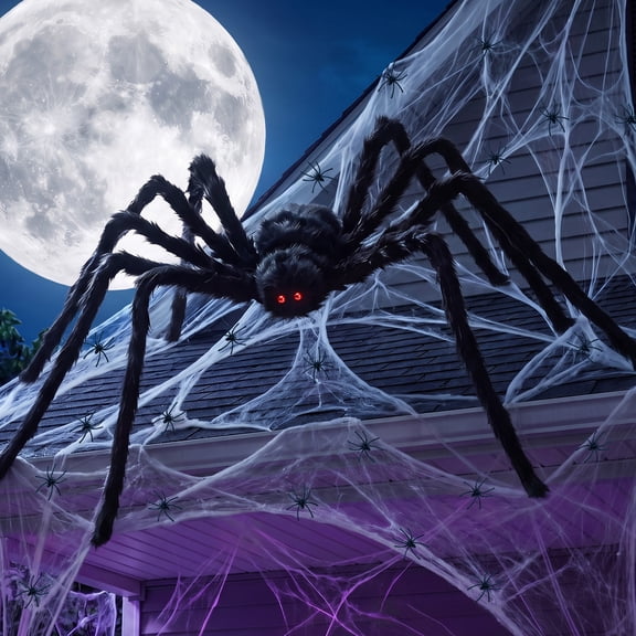 Ayieyill Halloween Spider Set , 6.6FT Giant Hairy Spider with Spiderwebs and Mini Spiders, ,Scary Halloween Decorations Outdoor Indoor