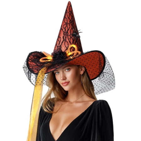 Ayieyill Halloween Witch Hats for Women with Lamp Cosplay Party Halloween Costume Accessory Orange