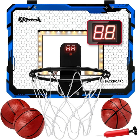 Ayieyill Indoor Basketball Hoop for Kids | Automatic Scoring Basketball Hoop with LED Light | Kids Basketball Hoop for Door with 3 Balls | Boy Toys | 15.7" x 11.8" | Black Blue