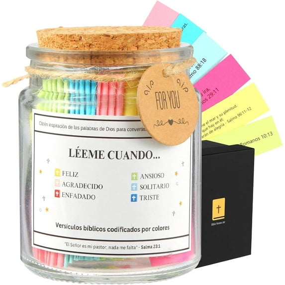(SPANISH VERSION) Ayieyill Inspirational Bible Verse Jar with Scripture, Daily Motivational Scripture Prayer Jar, Glass Bible Jar with Spanish Bible Verse Labels for Christian, Boxed Packaging