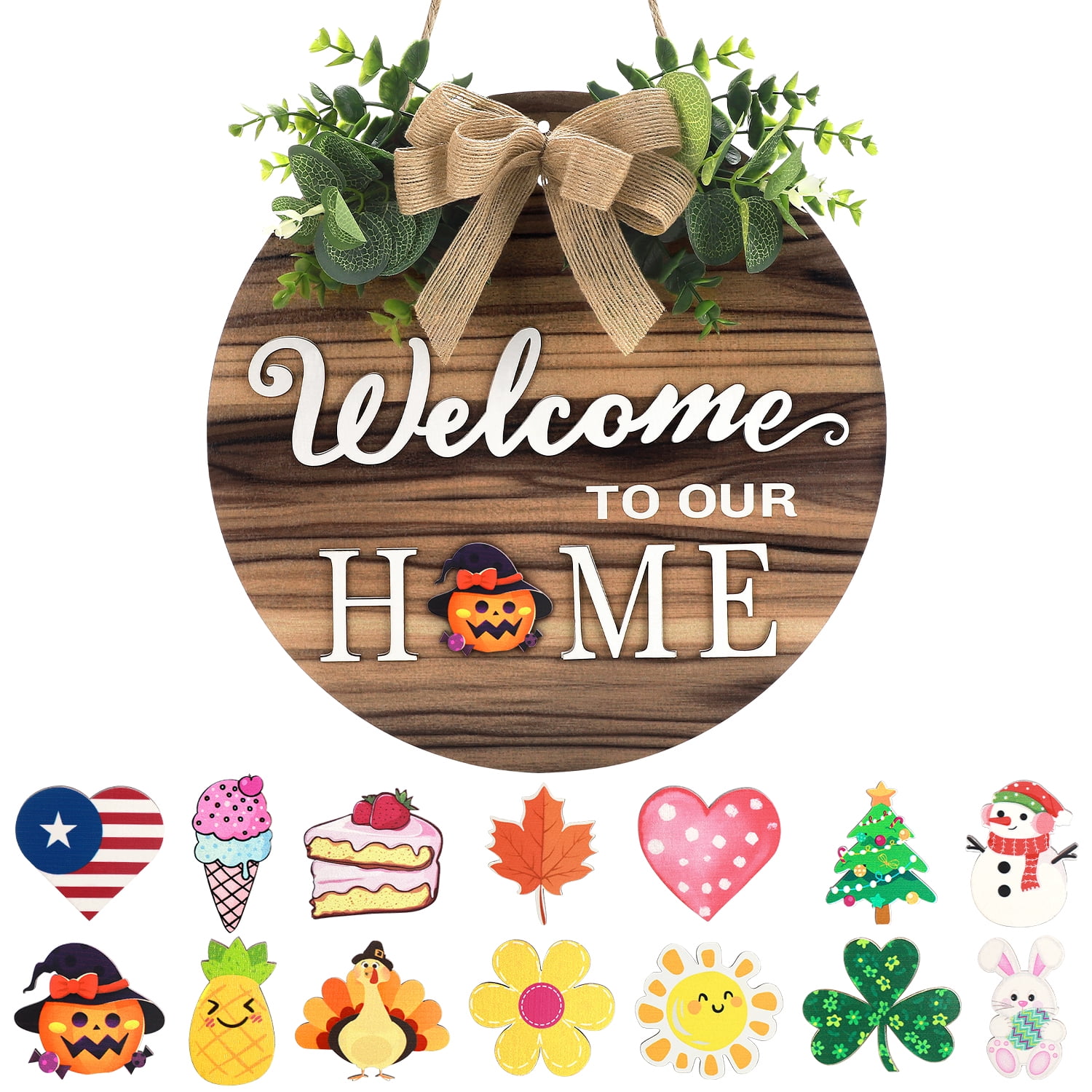 Ayieyill Interchangeable Welcome Sign for Front Door, Rustic Round Wood ...