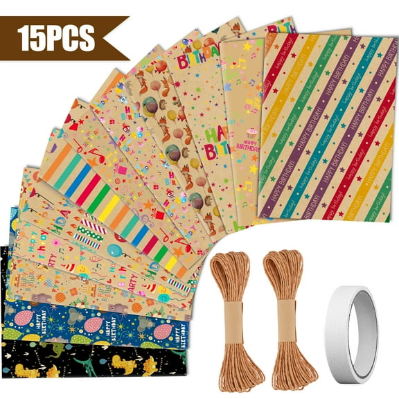 Ayieyill Kraft Birthday Wrapping Paper Roll Set of 15 with Twine and Tape, Gift Wrap for Happy Birthday Present