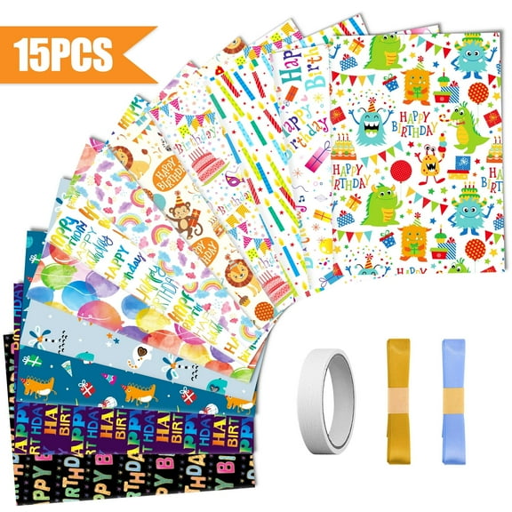 Ayieyill Birthday Wrapping Paper Roll Set of 15 with Ribbon and Tape, Gift Wrap for Happy Birthday Present