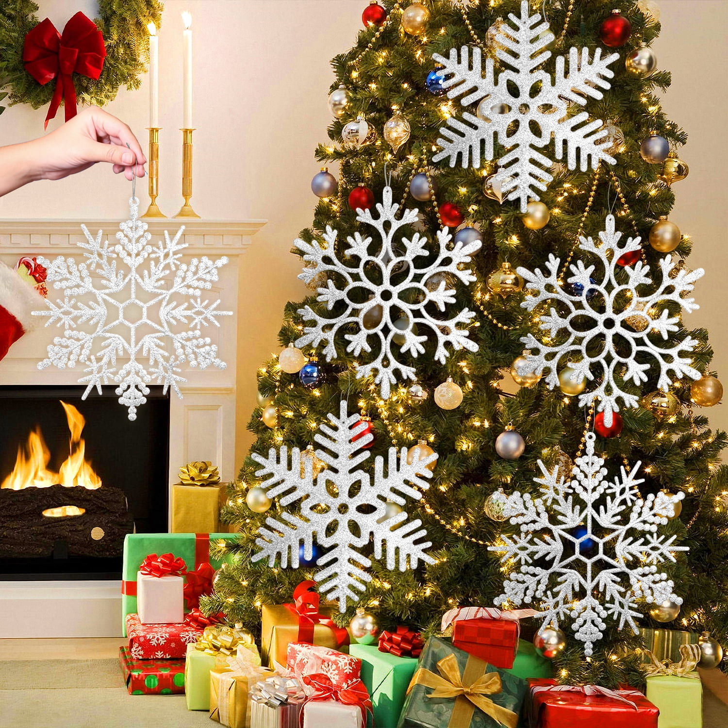 Large Snowflakes Ornaments 12 Glitter Plastic Snowflake Decorations Giant  Winter Christmas Hanging Decor Oversized Snow Flakes Ornaments for Indoor