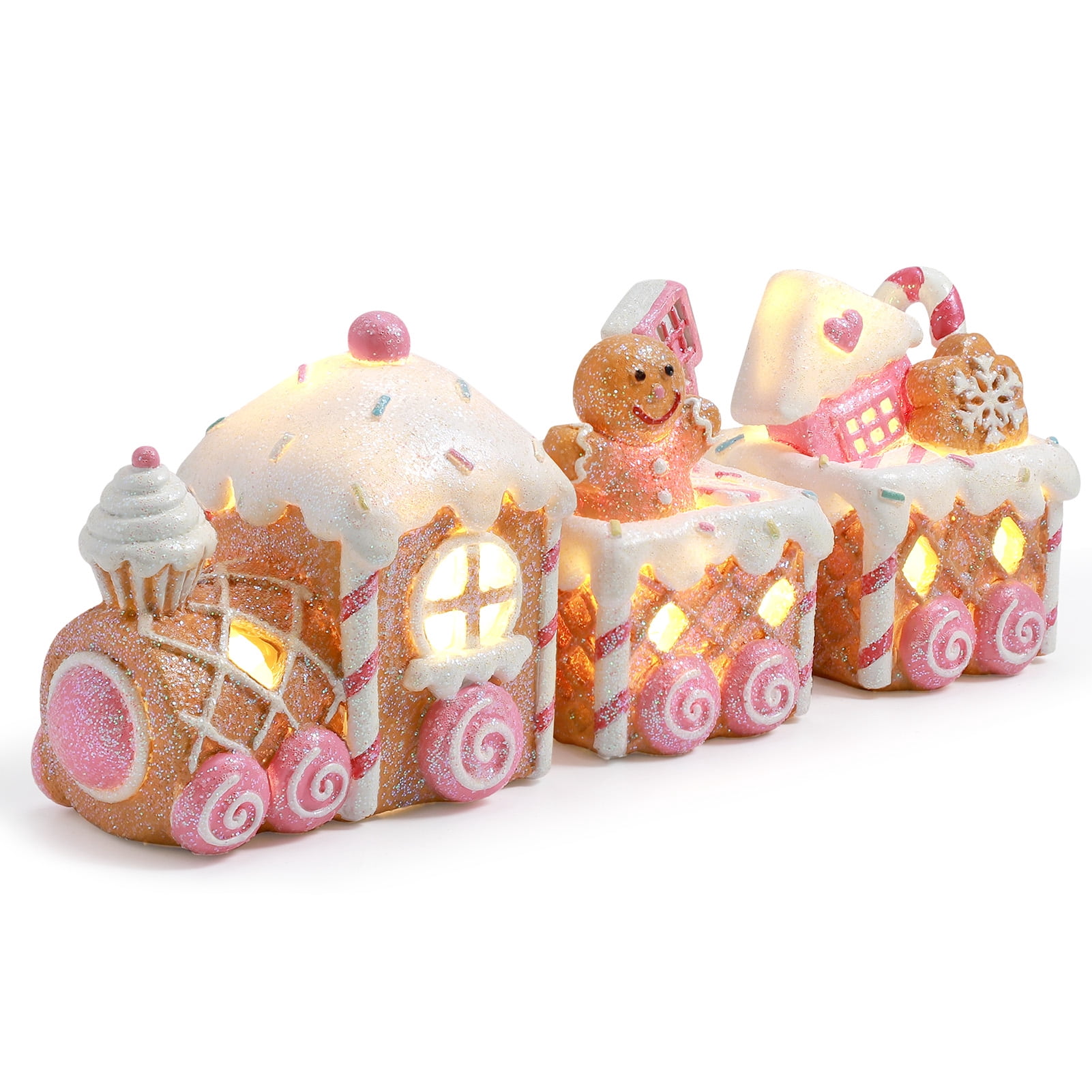 Ayieyill Lighted Gingerbread Train Christmas Decor Set, 3PCS Christmas Train Table Decor, Gingerbread Man Figurine Christmas Train Decoration for Indoor Decoration & Holiday Gift (Pink)