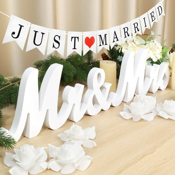 Ayieyill Mr and Mrs Sign for Wedding Party Table, Wedding Decorations for Reception, Wedding Signs (White with Banner)