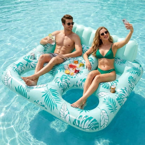 Livhil Inflatable Pool Float, 2 Person Pool Floats for Adults, Double Inflatable Lounger Pool Raft with Backrest & Cup Holders, Summer Water Fun for Pool Beach Lake, Green