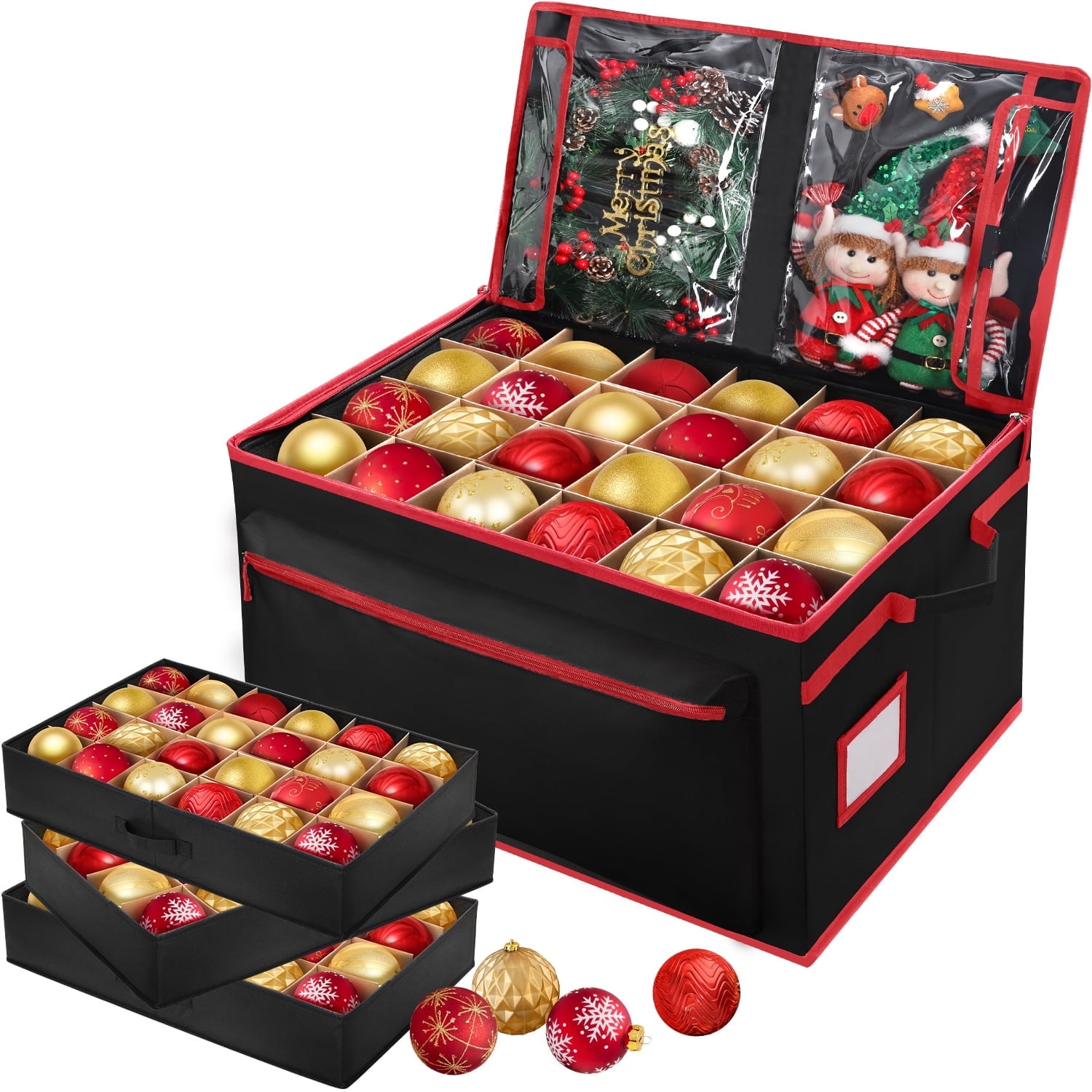 Ayieyill Premium Christmas Ornament Storage Container - Holds Up to 72-4” Ornaments Durable 600D Fabric - Adjustable Dividers - 3 Individual Trays - Black - Walmart.com