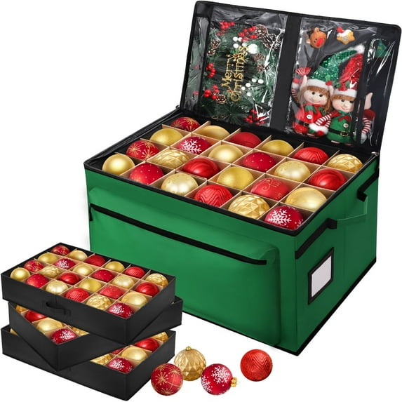 Ayieyill Premium Christmas Ornament Storage Container - Holds Up to 72-4” Ornaments Durable 600D Fabric - Adjustable Dividers - 3 Individual Trays - Green