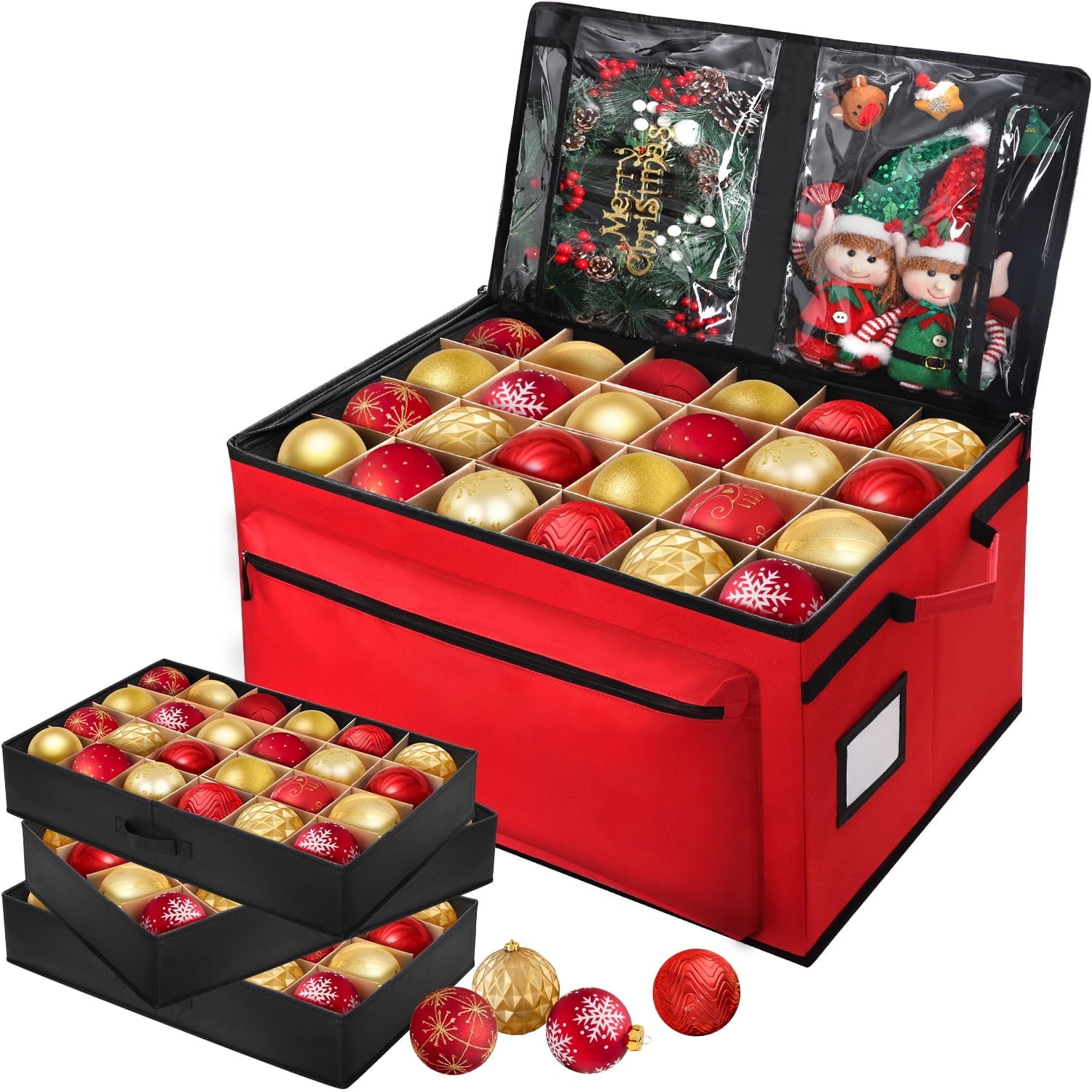 Ayieyill Premium Christmas Ornament Storage Container - Holds Up to 72-4” Ornaments Durable 600D Fabric - Adjustable Dividers - 3 Individual Trays - Red - Walmart.com