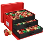 Ayieyill Premium Large Christmas Ornament Storage Box, Christmas Ornament Organizer, with Side Open, 3 Removable Trays - Keeps 72 Holiday Ornaments, Red