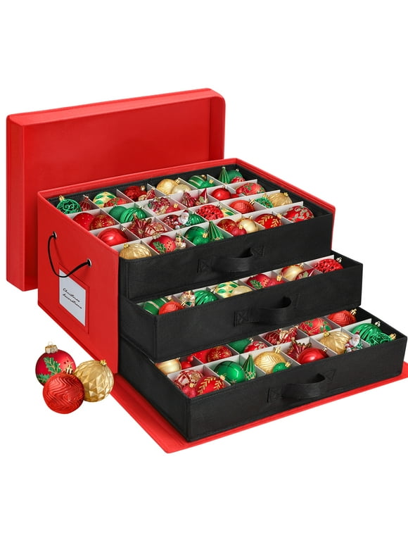 Ayieyill Premium Large Christmas Ornament Storage Box, Christmas Ornament Organizer, with Side Open, Drawer Style Trays - Keeps 72 Holiday Ornaments, Red