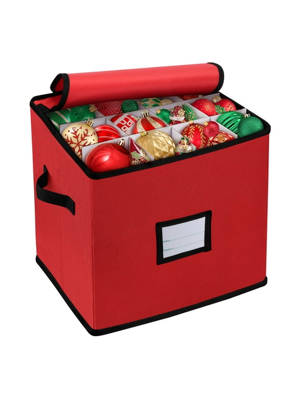 Ayieyill Premium Red Christmas Ornament Storage Chest, Ornament Storage Box Ornament Organizer Holds 64 Balls w/ Dividers , (L) 12''x (W) 12''x (H) 12''