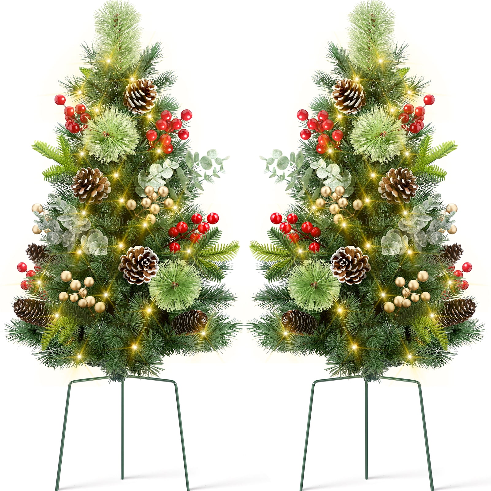 Ayieyill Set of 2 Pre-Lit Outdoor Pathway Christmas Trees Decor w/ Berries | Pine Cones | LED Lights for Porch, Yard, Garden