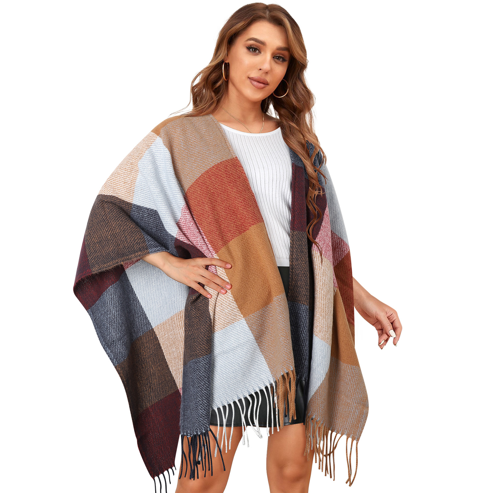 Topshe Women's Plaid Sweater Poncho Oversize Cape Coat Open Front ...
